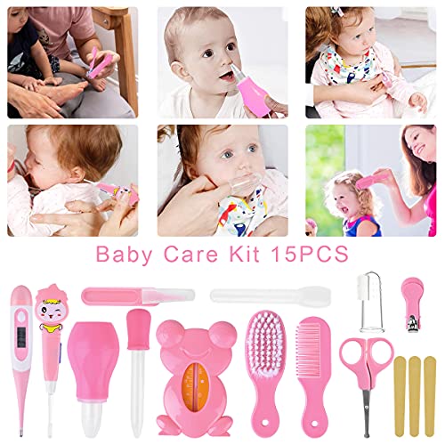 Apark Neceser Bebe Recien Nacido - Kit de aseo para bebés Artículos esenciales para el cuidado del bebé con juego de manicura, termómetro, Ideal para recién nacidos, bebés, niños - 15 Piezas (Rose)