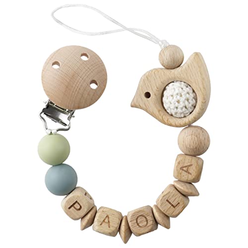 ARTESTAR Cadena Chupete, Chupetero Personalizado Para Bebé con Nombre Bola de Crochet y Madera Chupeteros Personalizadas Bebe con Mordedor (Pájaro)