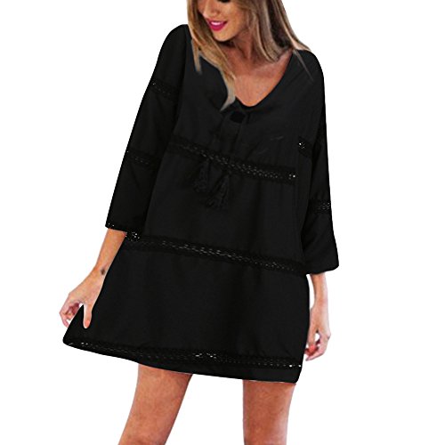 Auifor Verano de Las Mujeres de Tres Cuartos de la Manga Floja del cordón de Boho Beach Mini Vestido Corto（Negro/XX-Large）