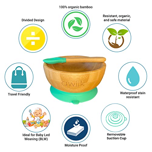 AWIIK – Bol pequeño de Bamboo con fuerte Ventosa para Bebés y niños pequeños. Cuenco BLW de bambú antideslizante con succión y ventosa antivuelco para aprender a comer BLW (Bowl_Green)