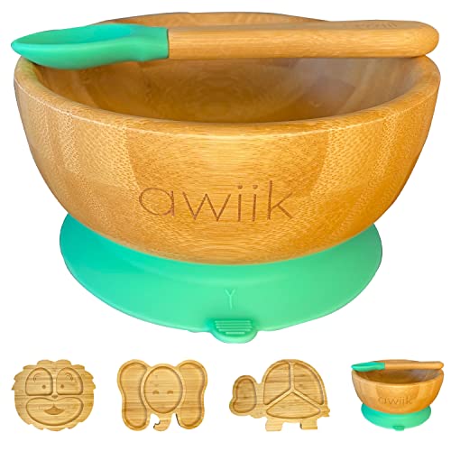 AWIIK – Bol pequeño de Bamboo con fuerte Ventosa para Bebés y niños pequeños. Cuenco BLW de bambú antideslizante con succión y ventosa antivuelco para aprender a comer BLW (Bowl_Green)