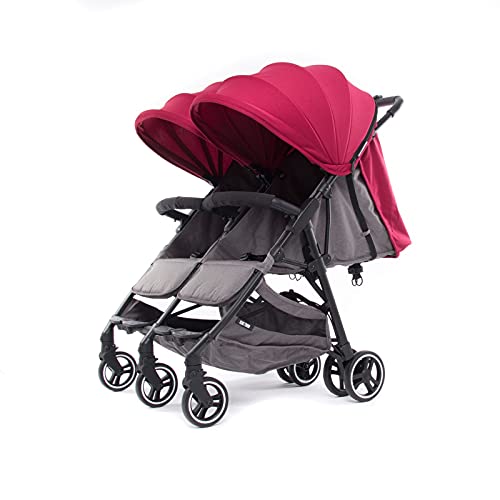 Baby Monsters Silla de paseo gemelar + capotas Kuki Twin (Burdeos) - La silla gemelar más ligera y compacta del mercado