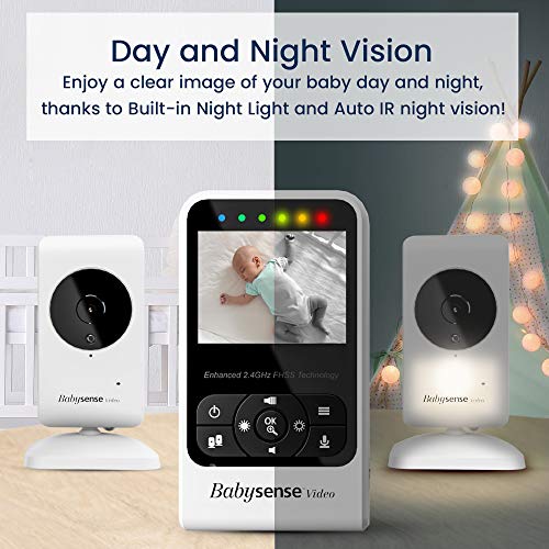 Babysense Vigilabebés con video con cámara y audio, pantalla de 2.4", suministrado con dos cámaras, canciones de cuna y ruido blanco, modelo V24R_2