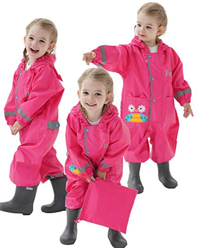 Baogaier Impermeables para Bebé Niñas Chubasqueros Chaquetas Capa de Lluvia Encapuchado Mono de Bolsillo Rosa Roja Roja BúHo Reflectante Abrigos Impermeables 1-2 años - Rosa Roja