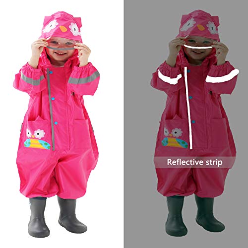 Baogaier Impermeables para Bebé Niñas Chubasqueros Chaquetas Capa de Lluvia Encapuchado Mono de Bolsillo Rosa Roja Roja BúHo Reflectante Abrigos Impermeables 1-2 años - Rosa Roja