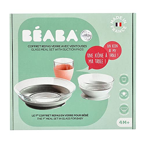 Béaba & Duralex, Juego de Vajilla Infantil, Set de 3 Piezas para bebé, Plato + Bol + Taza, Cristal Templado con Ventosa de Silicona, Verde (Eucalyptus)