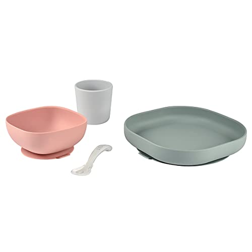 BÉABA, Set Vajilla Silicona Comida Bebé, Con Ventosa, Antideslizante, 4 Piezas, Plato + Bol + Vaso + Cuchara, Silicona Sana y Duradera, Apto Lavavajillas, Microondas, Eucalipto