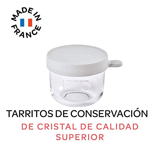 BÉABA Tarros de Conservación para Bebé, Tupper en Cristal, Resistente al calor, Recipientes para guardar la comida de Bebé, Con indicador de cantidad, 1x 150ml, Azul (Luz de niebla)