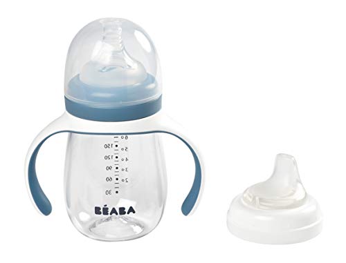 BÉABA Vaso de Aprendizaje con Boquilla para Bebe, Biberón 100 % hermético, Taza Antigoteo con pajita, Antiderrame, 2 en 1, Asas extraíbles, Resistente, Tritan y silicona, 210ml, Azul