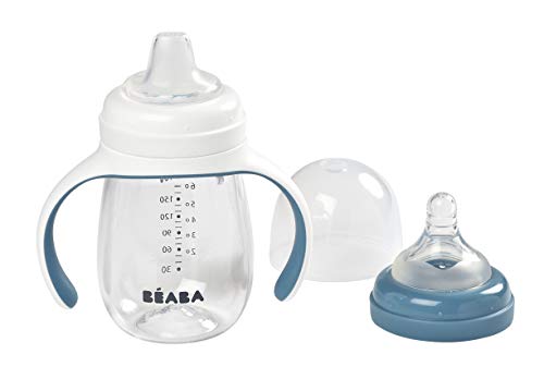 BÉABA Vaso de Aprendizaje con Boquilla para Bebe, Biberón 100 % hermético, Taza Antigoteo con pajita, Antiderrame, 2 en 1, Asas extraíbles, Resistente, Tritan y silicona, 210ml, Azul