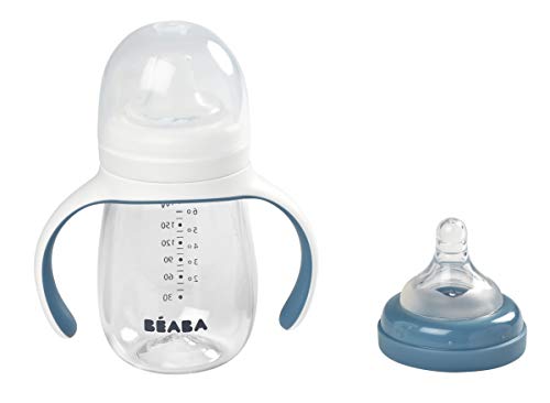 BÉABA Vaso de Aprendizaje con Boquilla para Bebe, Biberón 100 % hermético, Taza Antigoteo con pajita, Antiderrame, 2 en 1, Asas extraíbles, Resistente, Tritan y silicona, 210ml, Azul