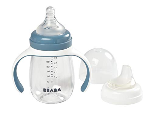 BÉABA Vaso de Aprendizaje con Boquilla para Bebe, Biberón 100 % hermético, Taza Antigoteo con pajita, Antiderrame, 2 en 1, Asas extraíbles, Resistente, Tritan y silicona, 210ml, Azul