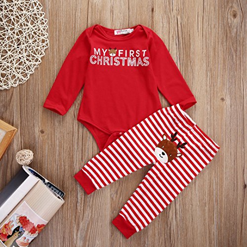 Bebé Disfraz de Navidad para Recién Nacido Mi Primera Navidad Conjunto de Ropa Navideña para Niños Niñas Pequeños Top Mameluco de Manga Larga + Pantalones (Reno, 6-12 Meses)