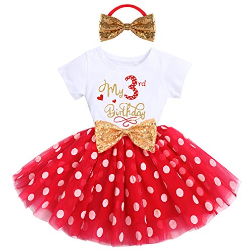 Bebé Niñas 1er/2do/3er Cumpleaños Traje Minnie Princesa Vestido de Manga Corta Mameluco/Camiseta+Tutú de Tul de Lunares+Diadema 3 Piezas de Fiesta de Cumpleaños Rojo Dots-3rd 3 Años