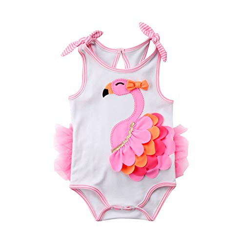 Bebé Recién Nacida Ropa de Playa Verano Mameluco sin Manga para Niñas Pequeñas Mono de Cuerpo Infantil con Estampado de Flamenco con Falda de Tul Rosa (Rosa, 12-18 Meses)