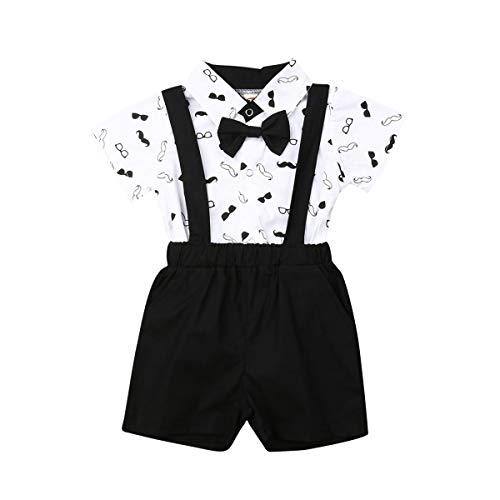 Bebé Recién Nacido Conjunto de 2 Piezas Traje de Caballero Mameluco de Manga Corta con Corbata de Bowknot y Cuello de Polo Pantalones Cortos de Tirantes para Bautizo Fiesta (12-18 Meses, Negro A)