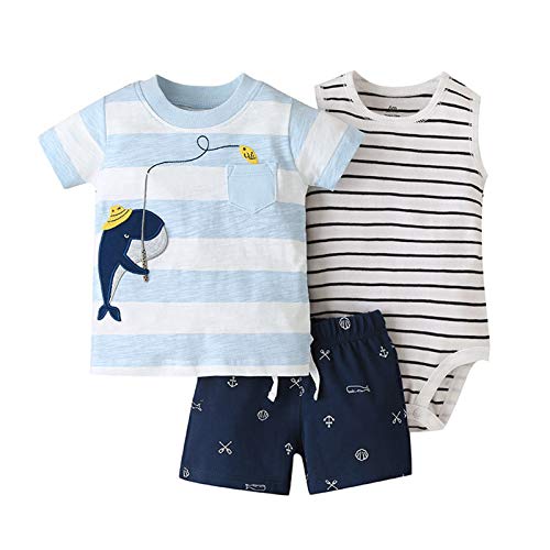 Bebé Ropa Mamelucos + Camiseta + Pantalón 3Pcs Trajes, Peleles Manga Corta Algodón Monos Recién Nacido Regalo Verano Niños Niñas 9-12 meses