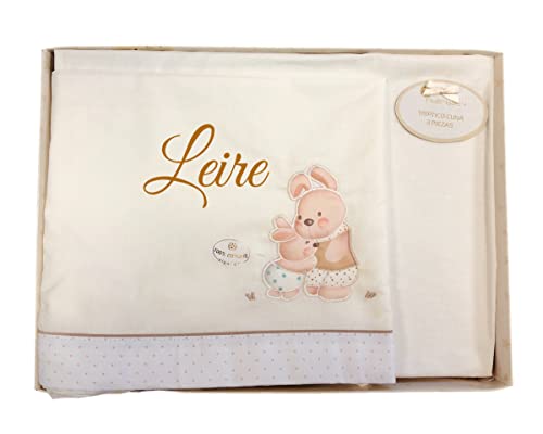 Bebé Sabanas Cuna 60x120 Algodon 100 % Personalizada con Nombre Bordado- (Bajera+encimera+Funda Almohada). (Rabbit Personalizado Beige)