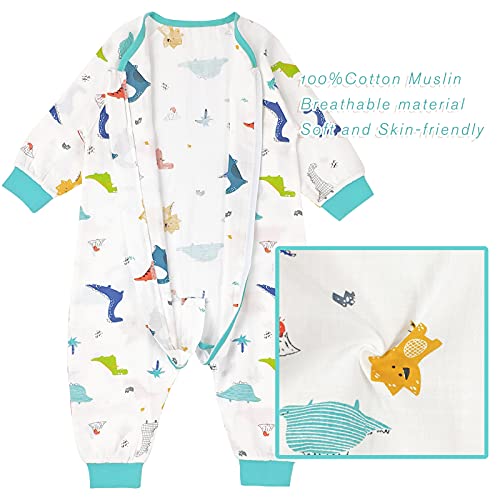 Bebé Saco de Dormir con Pies Verano Pijama Manga Larga Mono Muselina de Algodón Transpirable Mamelucos Niños Niñas Unisex 2-3 años Dinosaurio azul