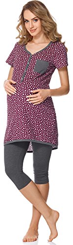 Bellivalini Premamá Pijama Conjunto Camiseta y Leggins Lactancia Maternidad Mujer BLV50-126 (Burdeos Estrellas/Grafito, XL)