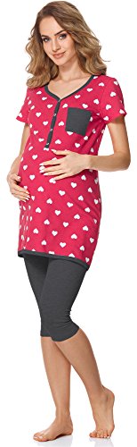 Bellivalini Premamá Pijama Conjunto Camiseta y Leggins Lactancia Maternidad Mujer BLV50-126 (Rosa Corazoncitos/Grafito, L)