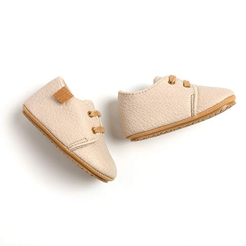 BiBeGoi Zapatos Oxford para bebés y niñas de cuero sintético antideslizante con cordones suela de goma suave para niños pequeños, Albaricoque, 0-6 meses