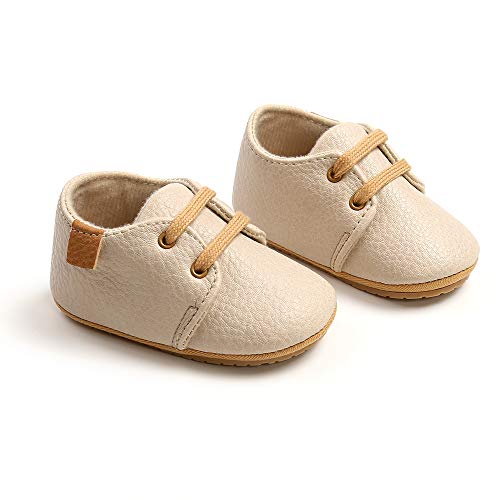 BiBeGoi Zapatos Oxford para bebés y niñas de cuero sintético antideslizante con cordones suela de goma suave para niños pequeños, Albaricoque, 0-6 meses