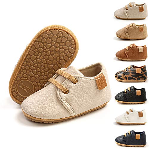 BiBeGoi Zapatos Oxford para bebés y niñas de cuero sintético antideslizante con cordones suela de goma suave para niños pequeños, Albaricoque, 0-6 meses