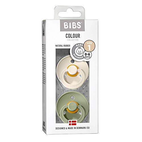 BIBS Colour Paquete de 2 chupetes. Libre de BPA, Tetina redonda. Látex natural, Talla 1 (0-6 meses), Ivory / Sage