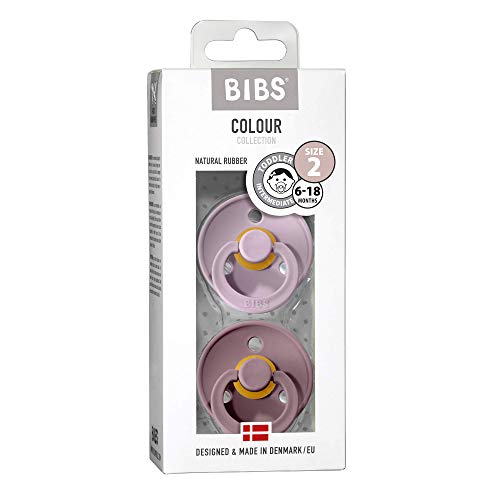 BIBS Colour Paquete de 2 chupetes. Libre de BPA, Tetina redonda. Látex natural, Talla 2 (6-18 meses), Dusky Lilac / Heather