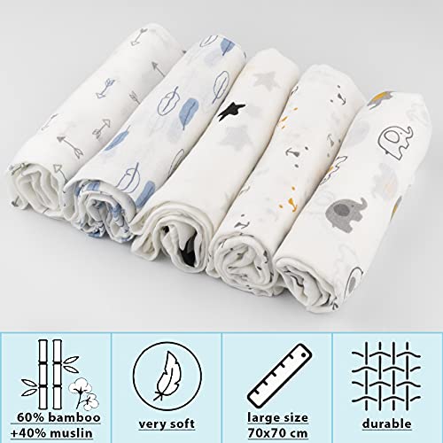 Bisoo Paños Extra Suaves de Bamboo - Muselinas para Bebés Recién Nacidos - Set de 5 Gasas de Bambú y Algodón - Unisex - Estampado en Colores Neutros - 70x70 cm