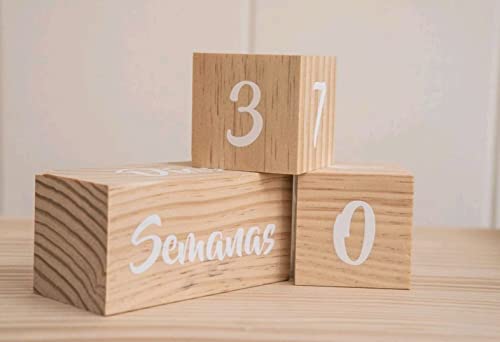 Bloques de edad BEBÉ en madera 100% natural, calendario de seguimiento para fotografías de embarazo y etapas del bebé. (Blanco)