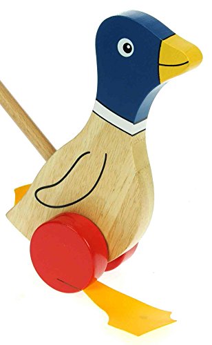 Blue Flappy Duck : Push Along Wooden Toys : Traditional : Handcrafted : Handpainted : For Toddler or Baby 12 months or over, Young Kids, Child & Children : Top Christmas Present or Birthday Gift Idea : H - 21cm W - 13cm D - 10cm Wood Handle - 47.5cm