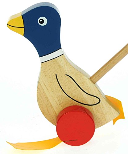 Blue Flappy Duck : Push Along Wooden Toys : Traditional : Handcrafted : Handpainted : For Toddler or Baby 12 months or over, Young Kids, Child & Children : Top Christmas Present or Birthday Gift Idea : H - 21cm W - 13cm D - 10cm Wood Handle - 47.5cm