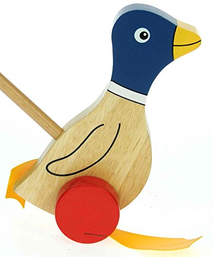 Blue Flappy Duck : Push Along Wooden Toys : Traditional : Handcrafted : Handpainted : For Toddler or Baby 12 months or over, Young Kids, Child & Children : Top Christmas Present or Birthday Gift Idea : H - 21cm W - 13cm D - 10cm Wood Handle - 47.5cm