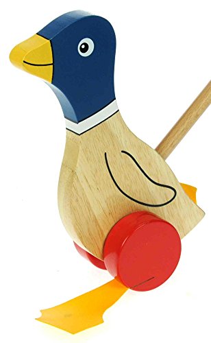 Blue Flappy Duck : Push Along Wooden Toys : Traditional : Handcrafted : Handpainted : For Toddler or Baby 12 months or over, Young Kids, Child & Children : Top Christmas Present or Birthday Gift Idea : H - 21cm W - 13cm D - 10cm Wood Handle - 47.5cm