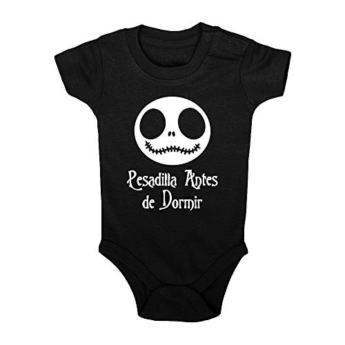 Body bebé Pesadilla antes de dormir. Regalo bebé. Regalos para bebés. Regalo divertido. Regalo original. Bebé friki. Regalo friki. Body friki. Body bebé algodón. Manga corta. (Negro, 3 meses)