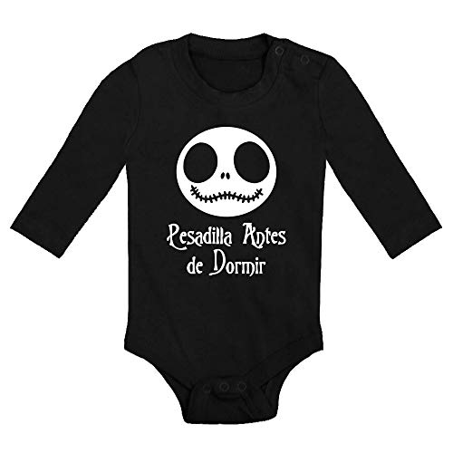 Body bebé Pesadilla antes de dormir. Regalo bebé. Regalos para bebés. Regalo divertido. Regalo original. Bebé friki. Regalo friki. Body friki. Body bebé algodón. Manga larga. (Negro, 9 meses)