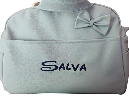 Bolso Polipiel Carrito Bebé Personalizado con Nombre Bordado Color Celeste + Regalo de un Babero