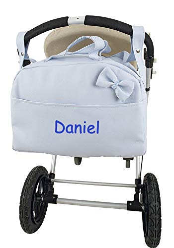 Bolso Polipiel Carrito Bebé Personalizado con Nombre Bordado Color Celeste + Regalo de un Babero