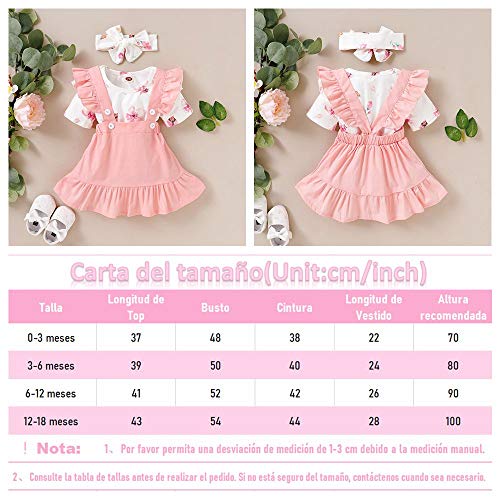 Bonfor 3 Piezas Conjunto Ropa Bebe Niña 0-3 Meses Verano Vestidos Algodon Mono de Floral + Falda de Tirantes + Banda de Pelo para 0-18 Meses Recien Nacido Niño (Rosa, 12-18 Meses)