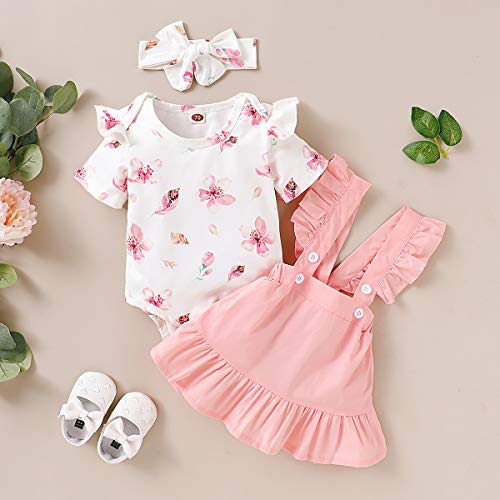 Bonfor 3 Piezas Conjunto Ropa Bebe Niña 0-3 Meses Verano Vestidos Algodon Mono de Floral + Falda de Tirantes + Banda de Pelo para 0-18 Meses Recien Nacido Niño (Rosa, 12-18 Meses)