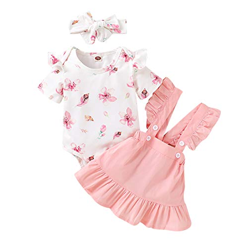 Bonfor 3 Piezas Conjunto Ropa Bebe Niña 0-3 Meses Verano Vestidos Algodon Mono de Floral + Falda de Tirantes + Banda de Pelo para 0-18 Meses Recien Nacido Niño (Rosa, 12-18 Meses)