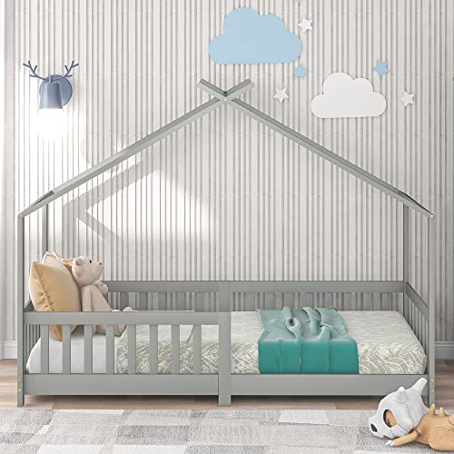 Bonita Cama Infantil de 200 x 90 cm, Madera Maciza, para Habitaciones Infantiles y Juveniles (Gris)