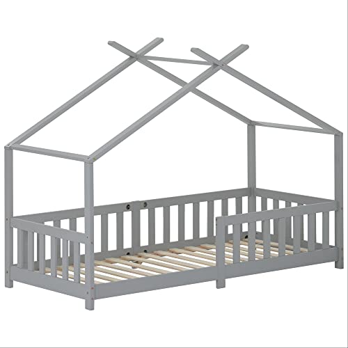 Bonita Cama Infantil de 200 x 90 cm, Madera Maciza, para Habitaciones Infantiles y Juveniles (Gris)