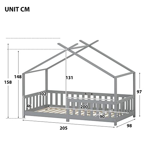 Bonita Cama Infantil de 200 x 90 cm, Madera Maciza, para Habitaciones Infantiles y Juveniles (Gris)