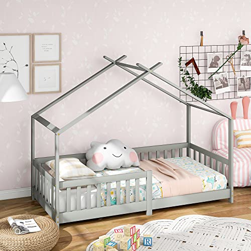 Bonita Cama Infantil de 200 x 90 cm, Madera Maciza, para Habitaciones Infantiles y Juveniles (Gris)