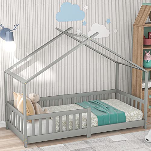 Bonita Cama Infantil de 200 x 90 cm, Madera Maciza, para Habitaciones Infantiles y Juveniles (Gris)