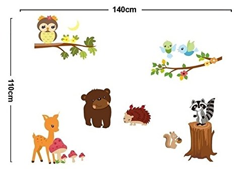 Bosque animales árbol XXXL etiqueta de la pared conjunto. Precioso mural de arte de pared Vinilo infantil. Decoración del cuarto de juegos de los bebés del búho deco art déco.