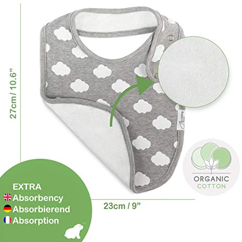 Budding Bear Baberos Bebe Unisex Algodón 100% Orgánico (Pack de 5) - Premium Baberos Impermeables Bebe - Pechitos con Forro Toalla Absorbente - Gris - 4 Botones a Presión Sin Níquel - 0 a 36 Meses